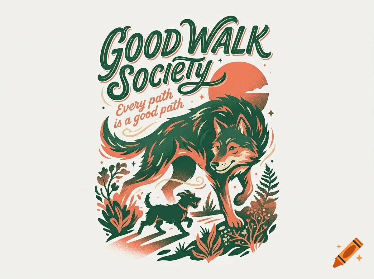 An illustration of a large wolf and a small dog walking along a path with the text Good Walk Society and Every path is a good path.