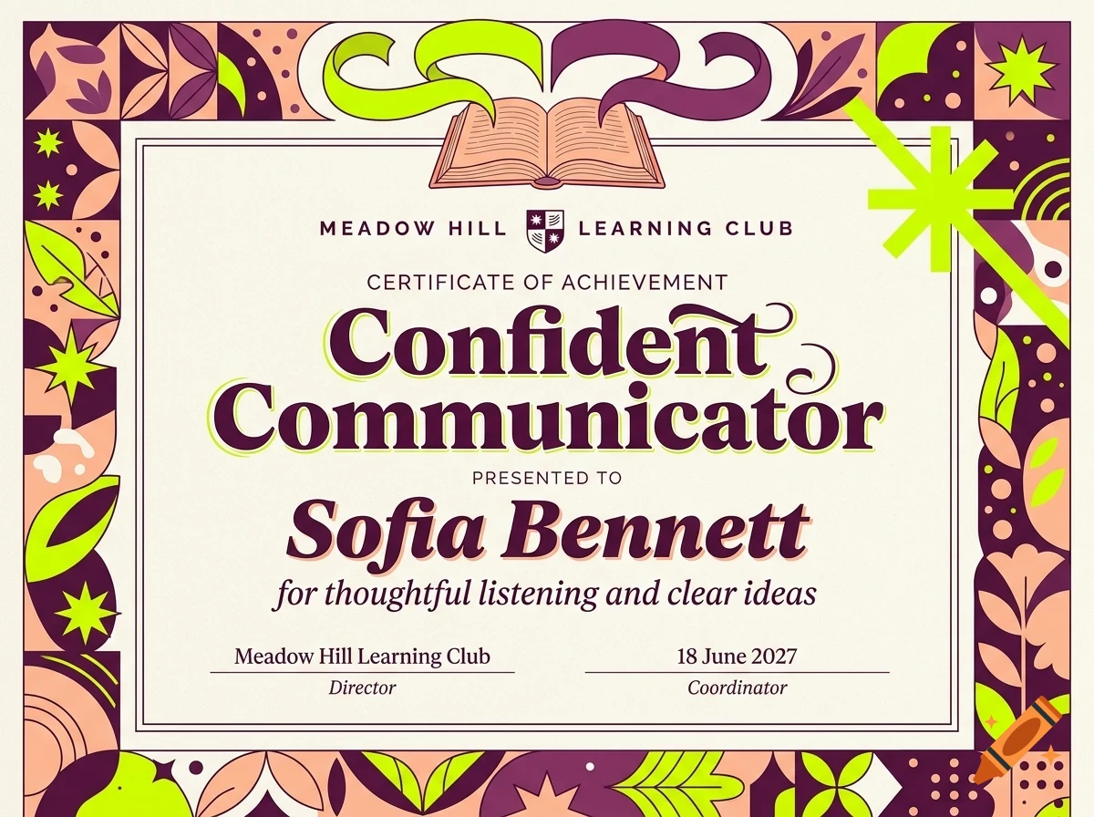 Certificate of achievement from Meadow Hill Learning Club awarded to Sofia Bennett for Confident Communicator.