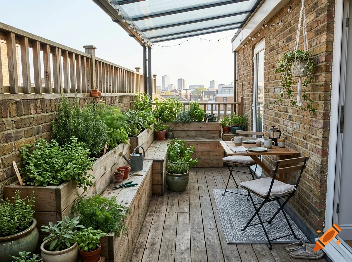 An outdoor rooftop balcony or terrace featuring wooden planter boxes filled with herbs, a small wooden dining table and chairs, and a glass canopy roof.