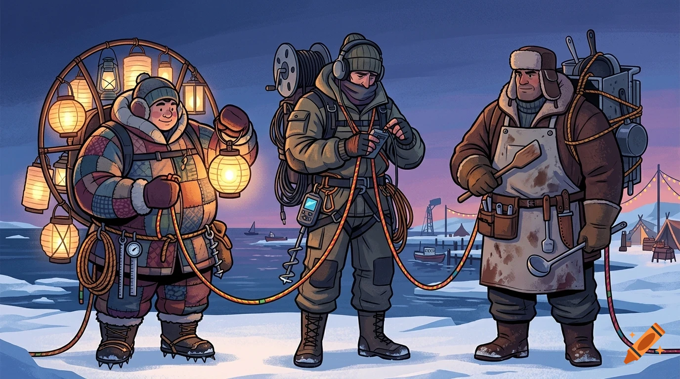 Three bundled-up explorers in cold-weather gear outdoors near water holding equipment, lanterns, and a cooking paddle.