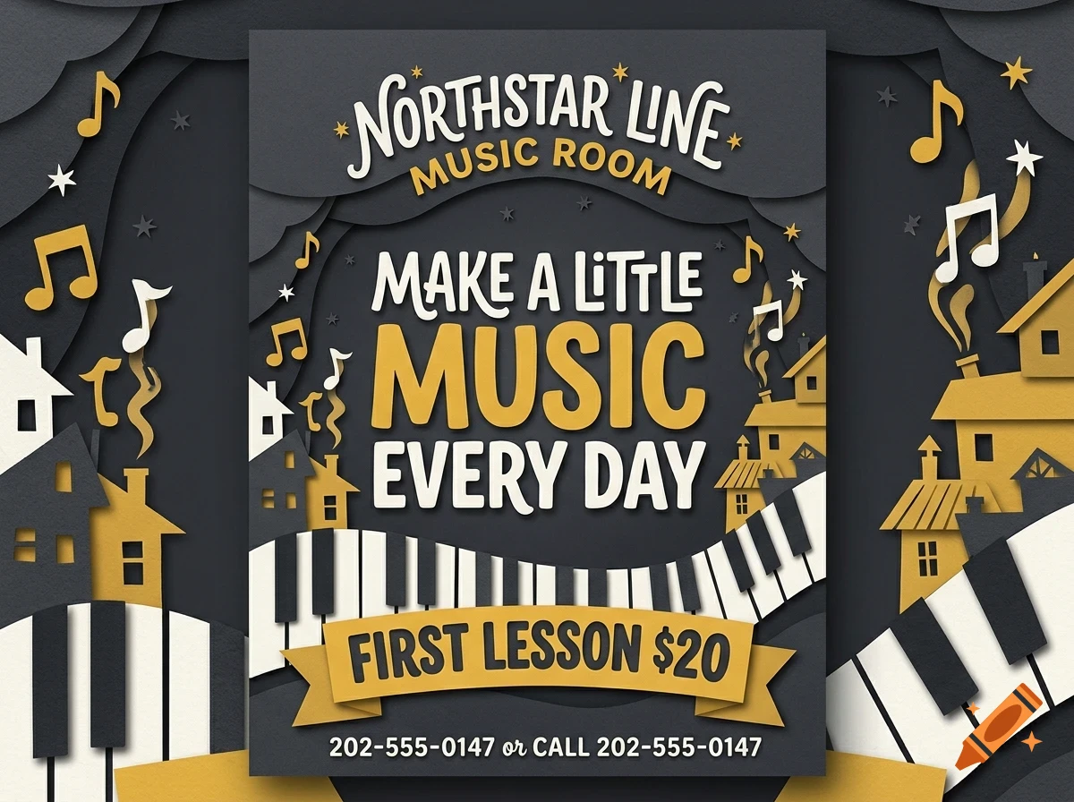 A stylized paper-craft style flyer with piano keys, musical notes, and houses, advertising music lessons.