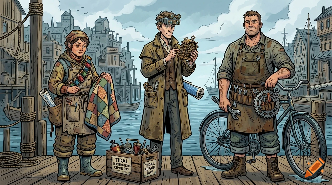 Three workers in a port setting, holding tools and a quilt, with a bicycle and ships in the background.