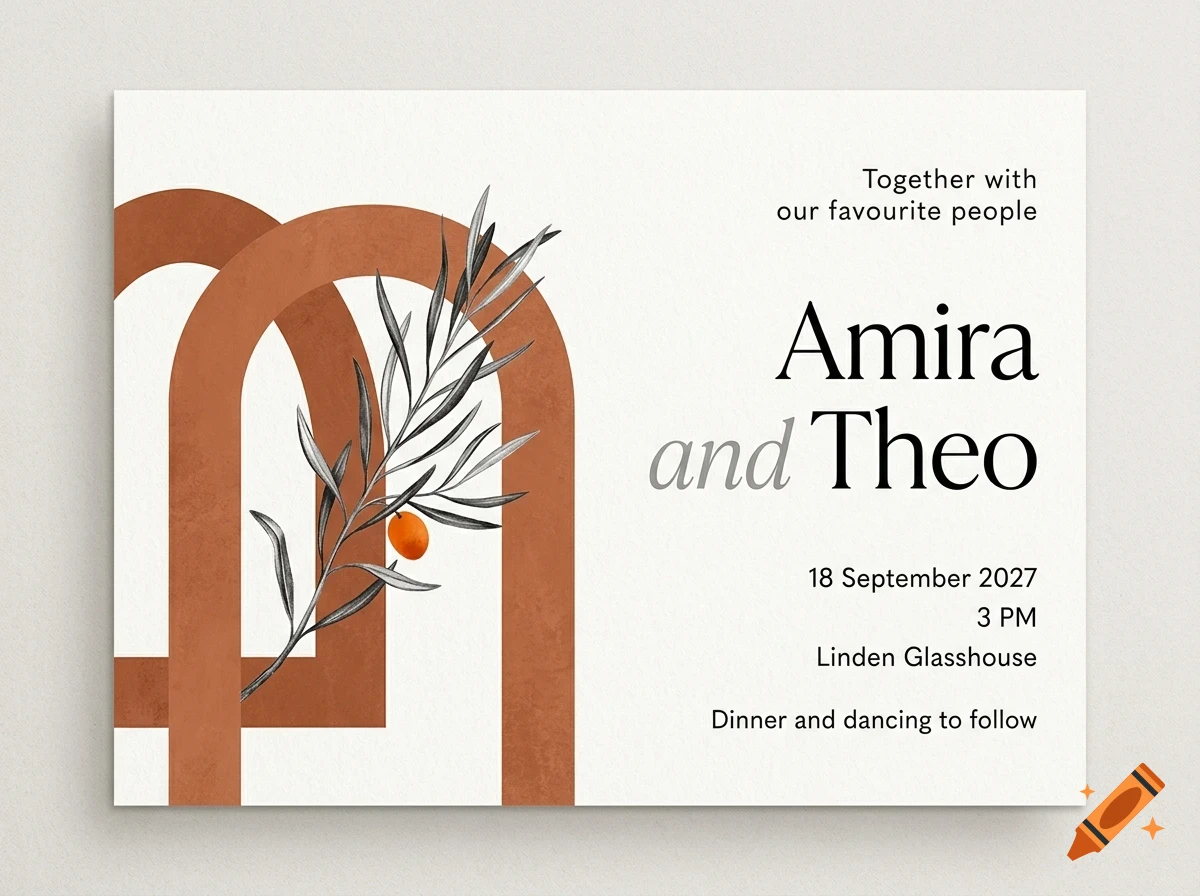 An elegant wedding invitation card featuring terracotta arch designs, a sketched olive branch with a single orange fruit, and minimalist black text reading Amira and Theo.
