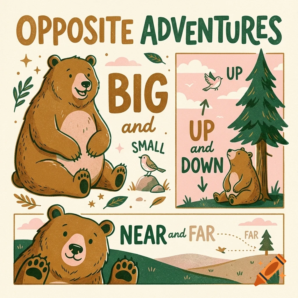 An educational children illustration featuring bears and birds demonstrating opposites with text like BIG and small, UP and down, and NEAR and FAR.