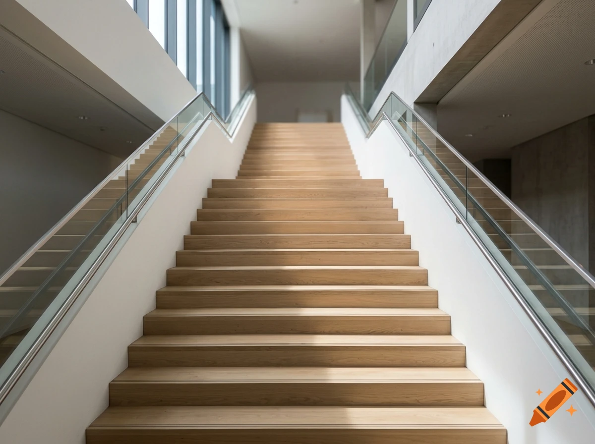 A photorealistic shot looking up a modern wooden staircase with glass and metal railings in a bright building.