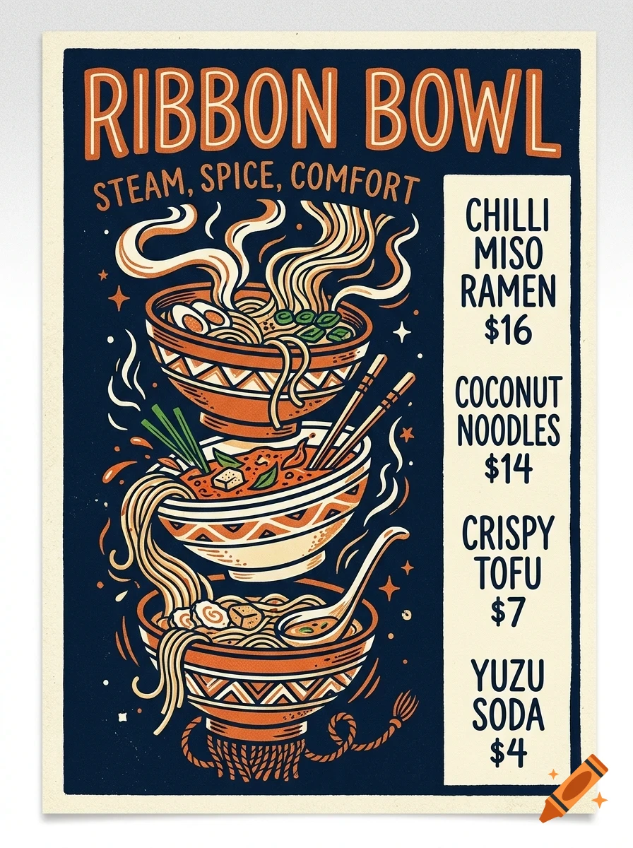 A stylized poster for 'Ribbon Bowl' showing three stacked bowls of ramen and noodles with menu pricing listed on the right.