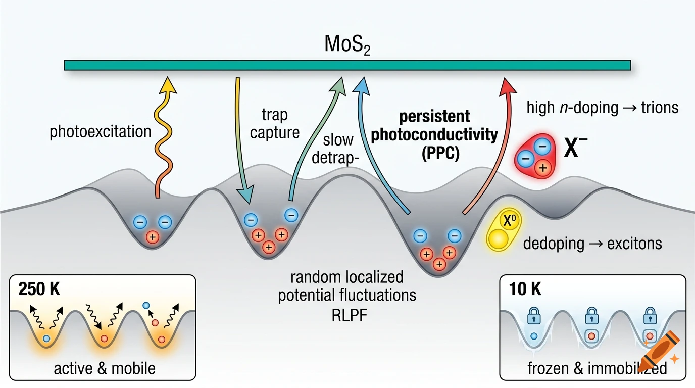 Scientific schematic showing MoS2 photophysics with potential fluctuations, electron-hole pairs, and temperature states.