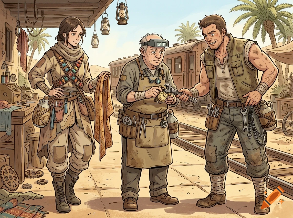 An illustrated scene shows three adventurers with tools and machinery in a desert setting near a train.