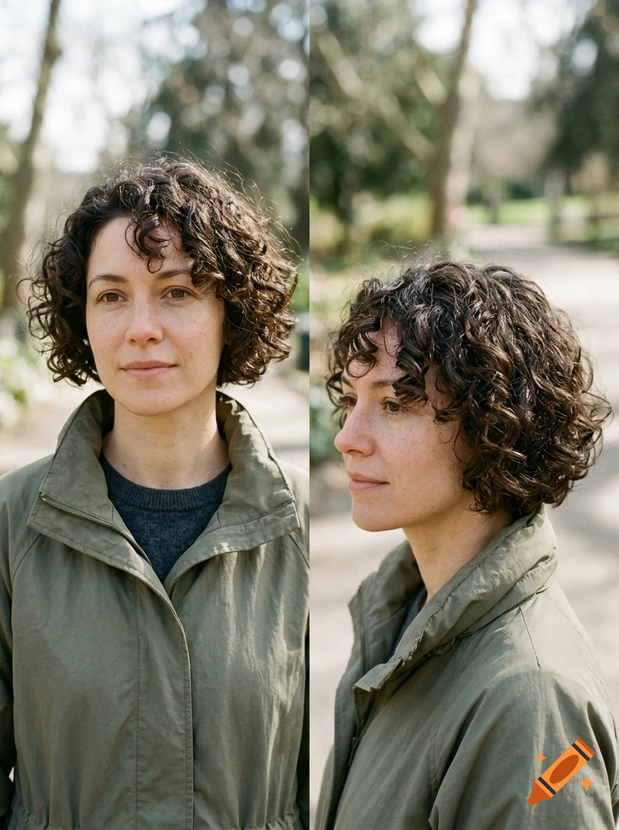 Two-panel portrait of a woman with short curly brown hair wearing an olive green jacket outdoors.