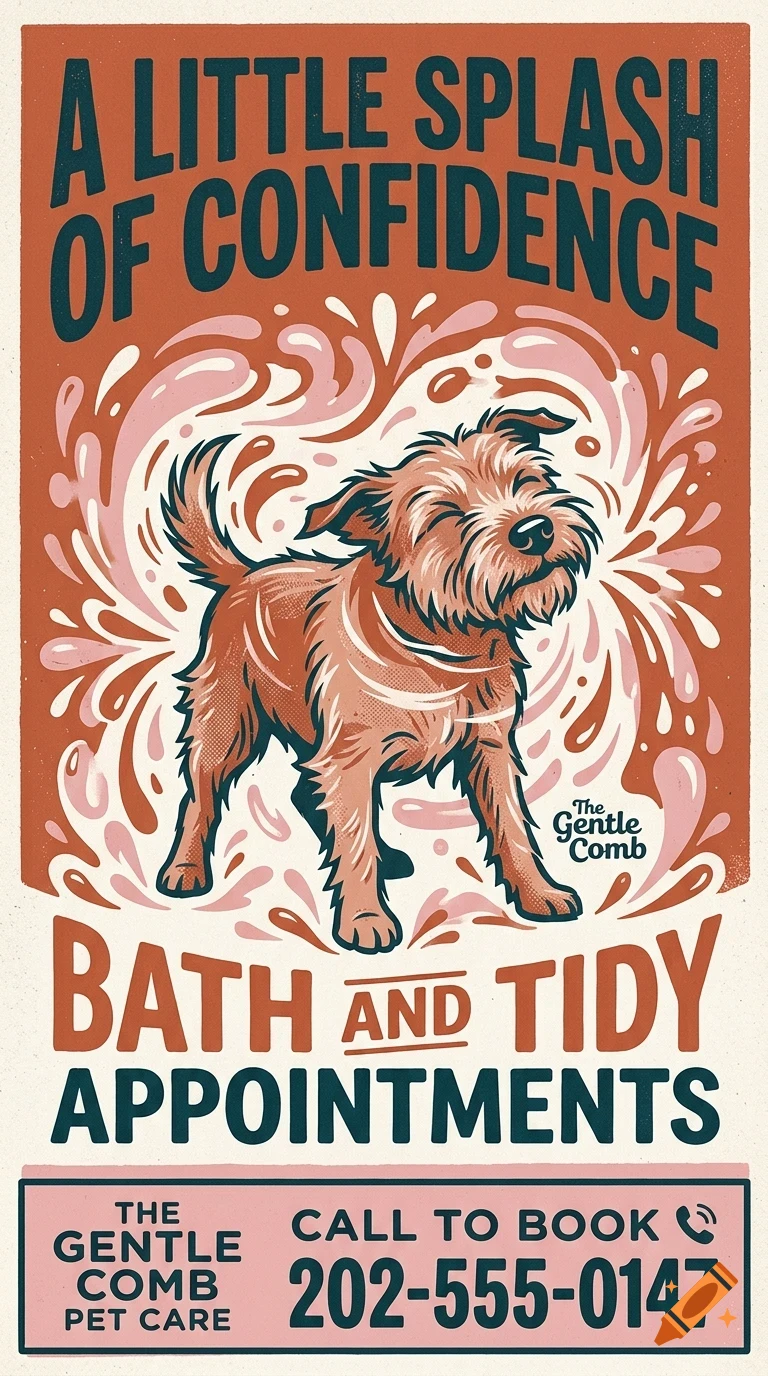 An illustration of a scruffy brown dog shaking off water drops, with lettering that reads 'A little splash of confidence' and 'Bath and tidy appointments'.