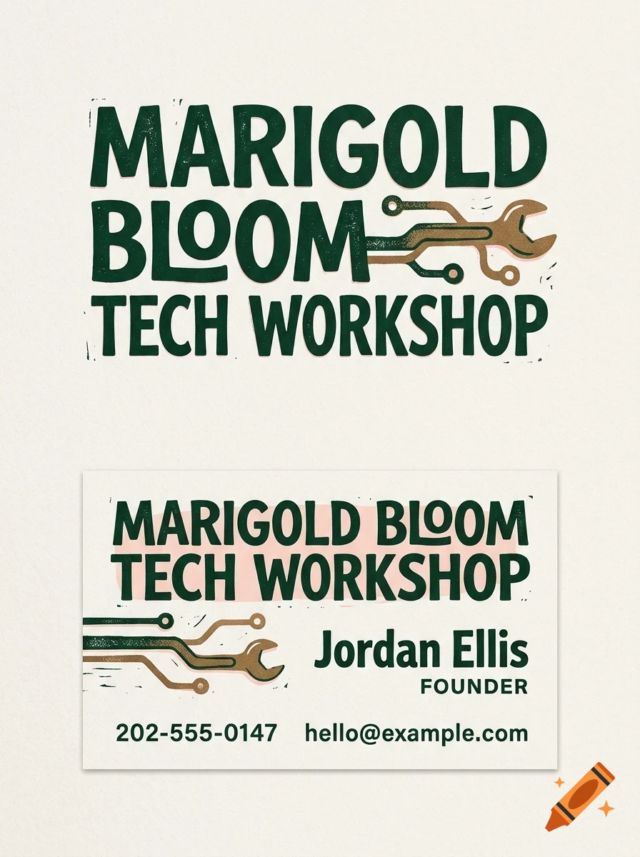 Business card and logo designs featuring the text Marigold Bloom Tech Workshop with a wrench and circuit board graphic.