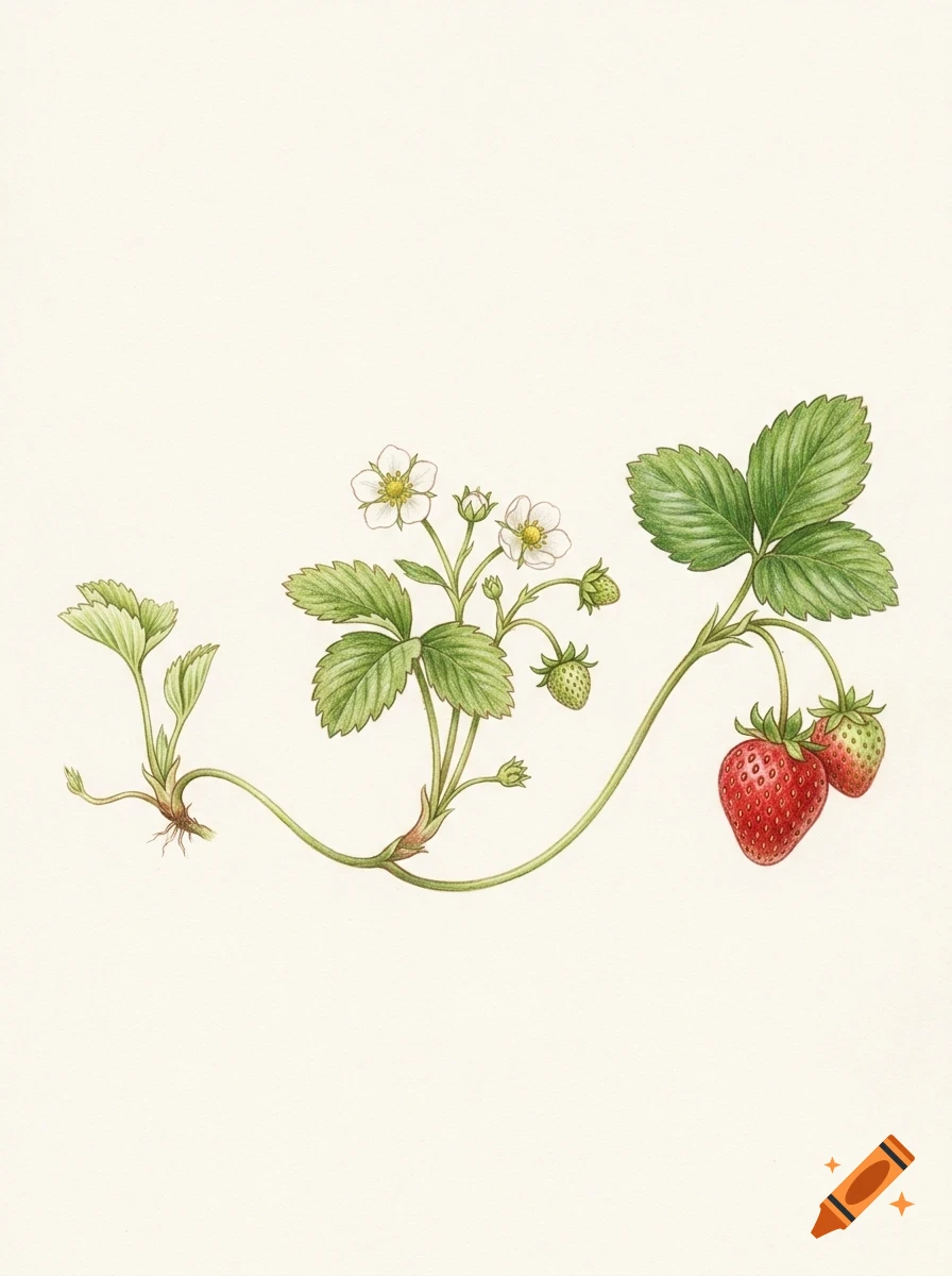 Botanical illustration of a strawberry plant showing roots, runners, leaves, white flowers, and red and green strawberries on a light background.