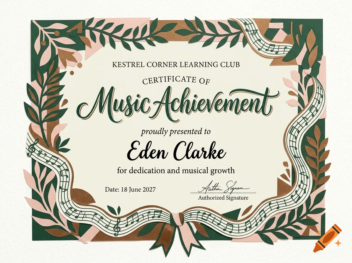 A certificate of music achievement with decorative papercut botanical and musical staff borders.
