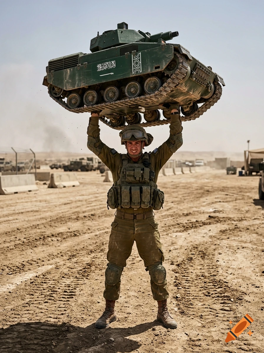A soldier in uniform stands in a desert lifting a green tank with Arabic script above his head.