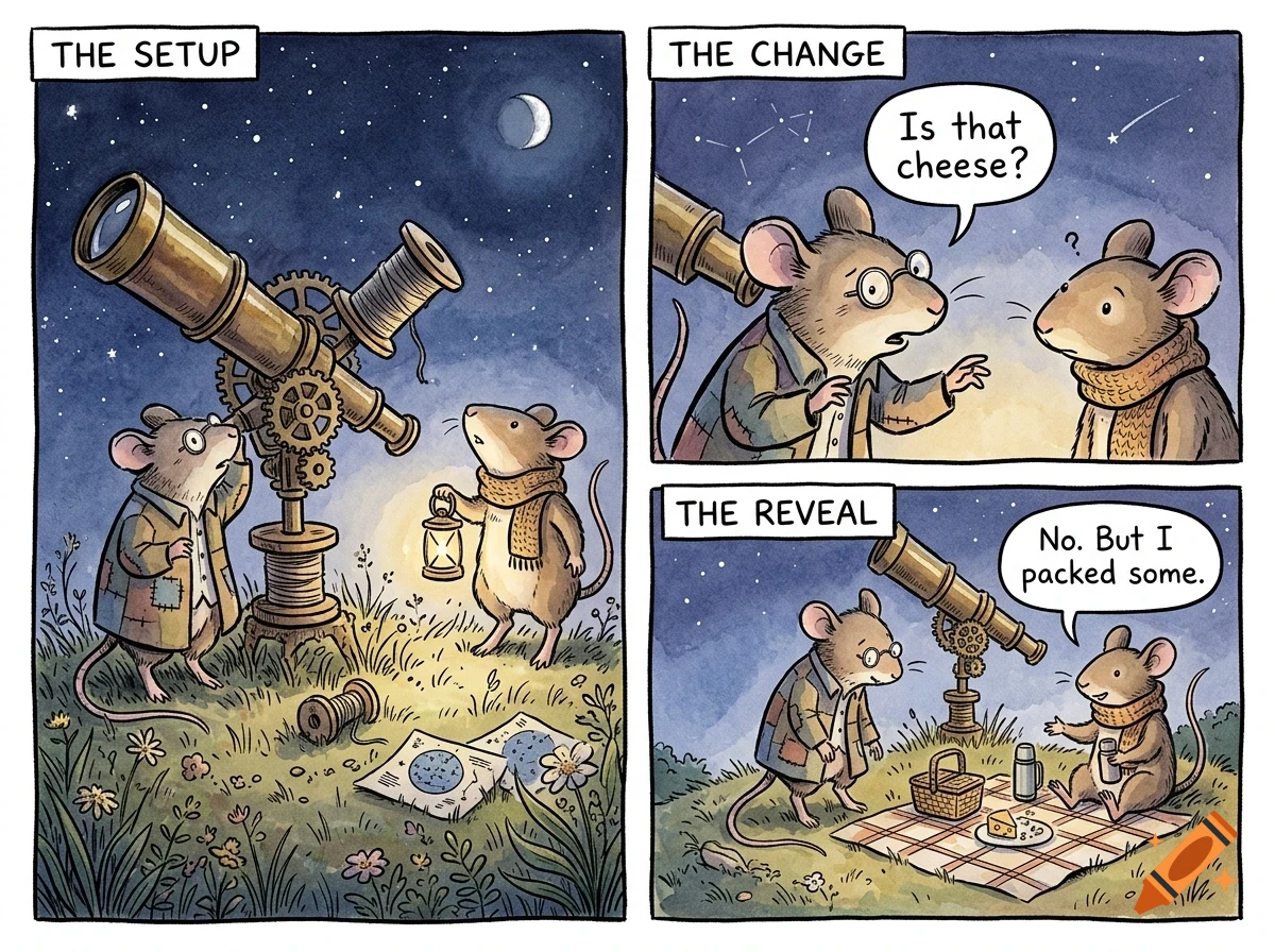 A comic strip showing two mice stargazing with a homemade telescope at night, leading to a humorous reveal about packed cheese.