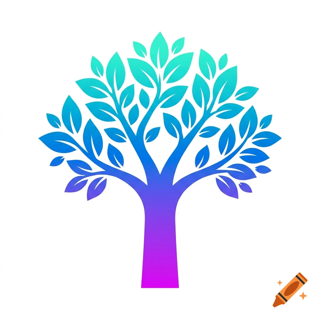 A vibrant vector logo of a tree with a color gradient from aqua turquoise to electric blue and magenta.