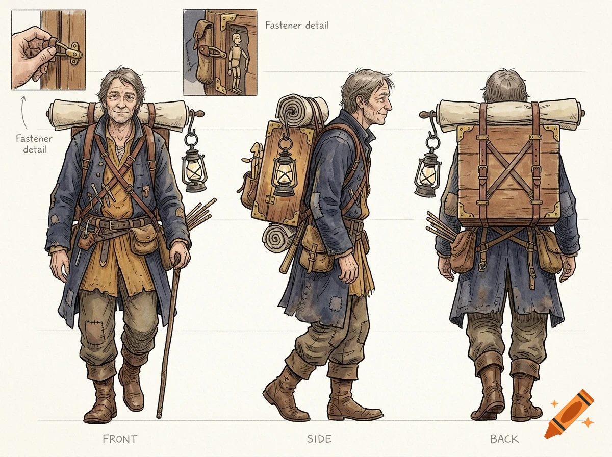 Character design sheet showing a man from the front, side, and back, wearing a blue coat, carrying a wooden backpack, and holding a walking stick, with detail insets.