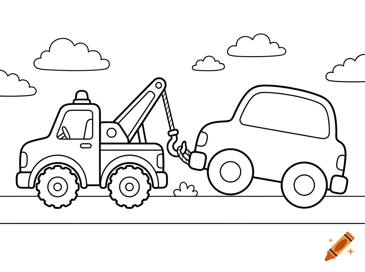 Black and white coloring page of a tow truck towing a small car.