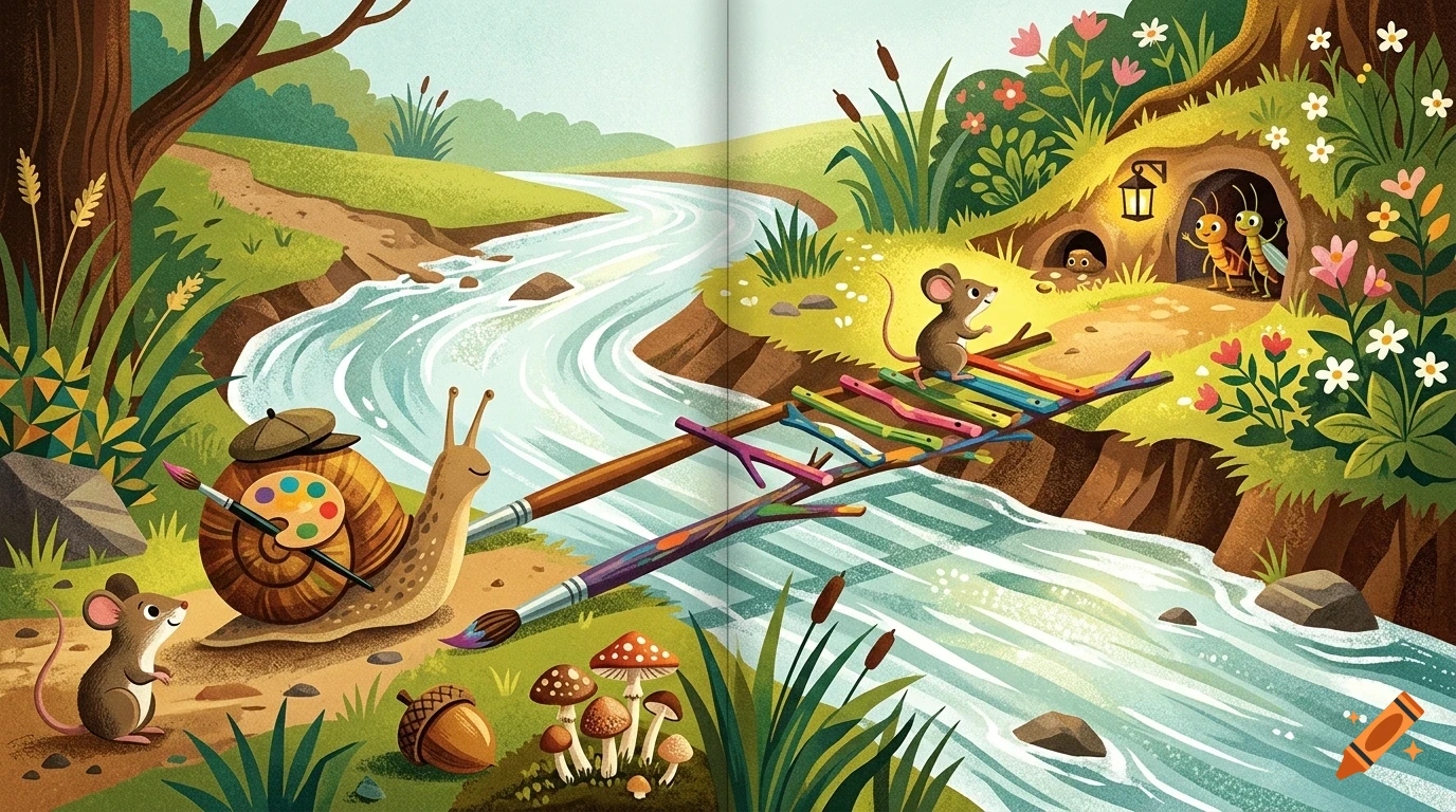 An illustrated woodland scene featuring a snail holding a paintbrush, a mouse on a twig bridge, and small animals near a stream.