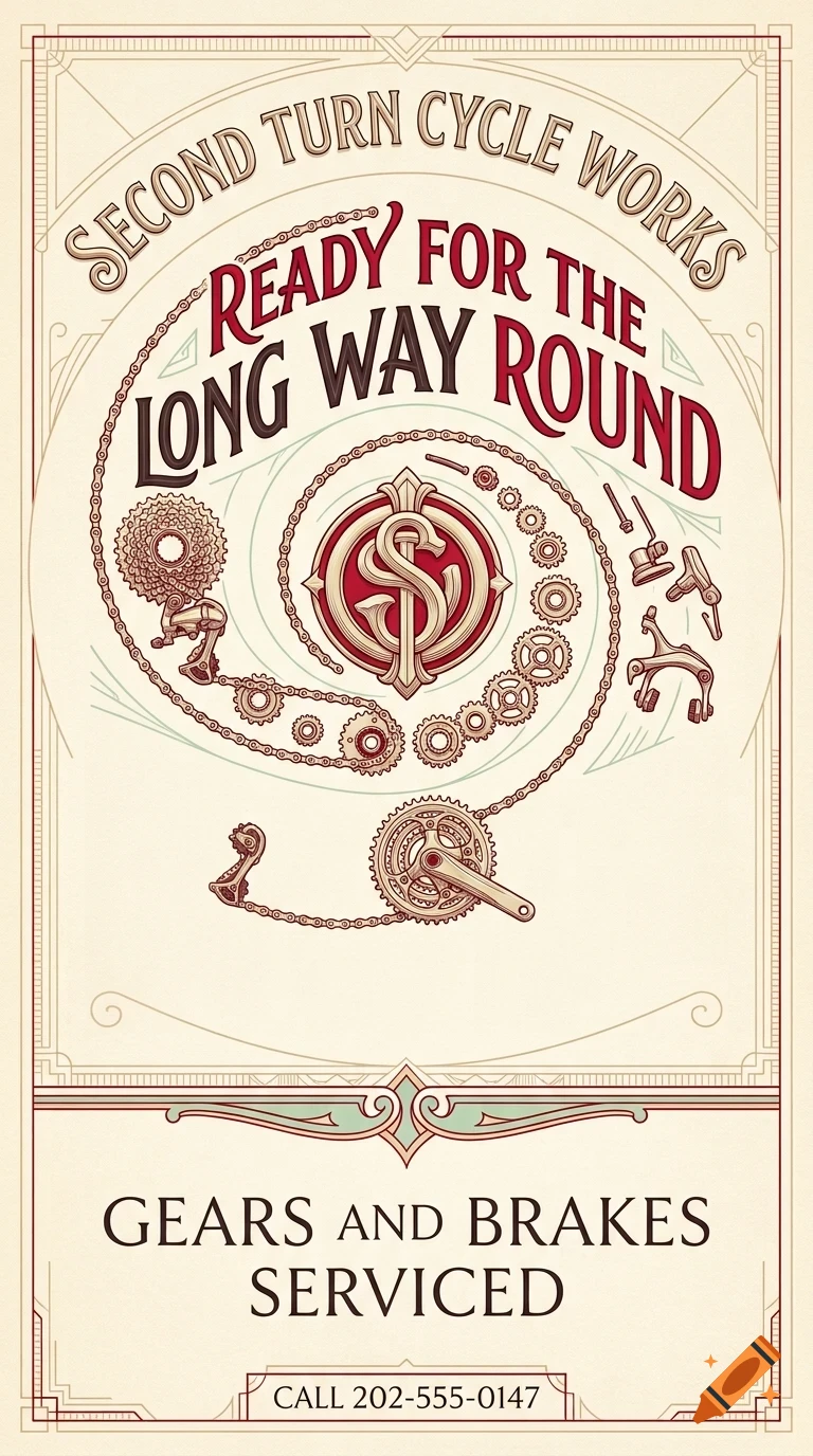 Vintage-style poster advertising Second Turn Cycle Works with bicycle chain, gears, and text 'Ready for the long way round'.