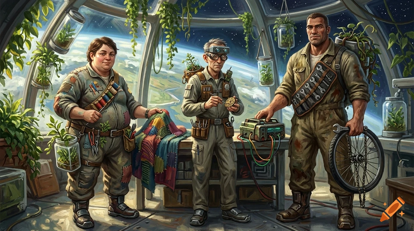 Three technicians stand in a greenhouse dome in space, surrounded by plants and tools.