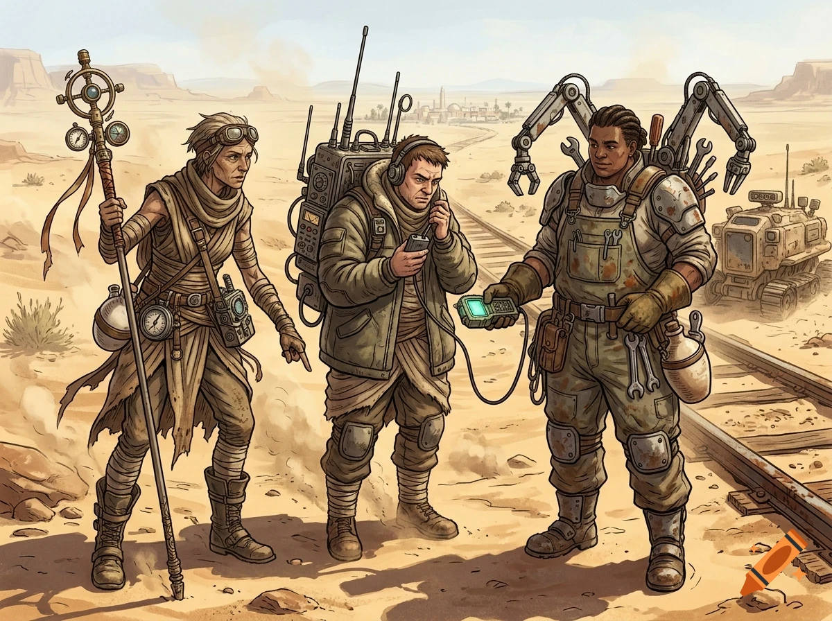 Three sci-fi explorers in a desert landscape next to railroad tracks with a robotic device and remote machinery.
