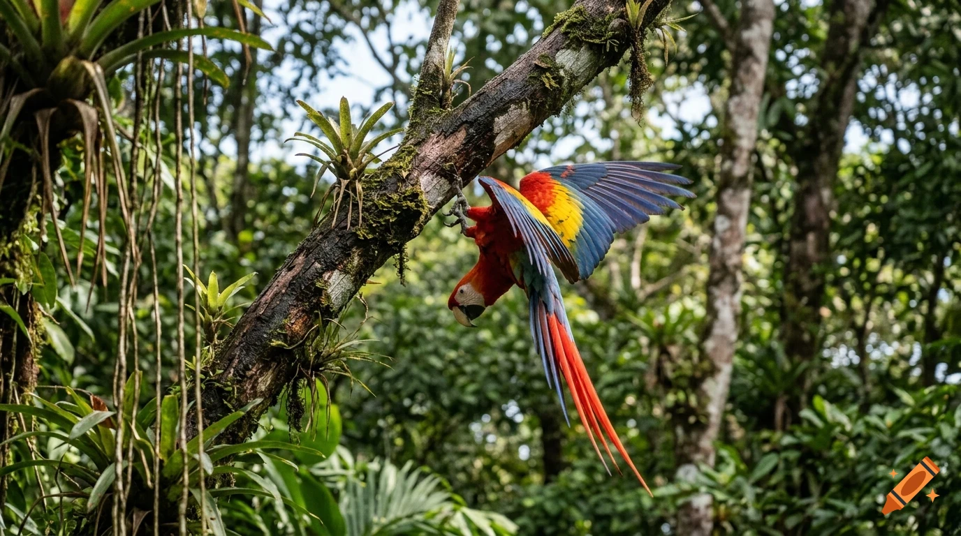 A colorful scarlet macaw clings upside down to a mossy tree branch in a lush tropical jungle.
