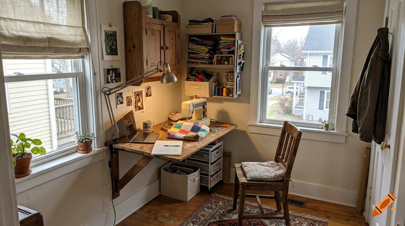 A cozy sewing and craft corner in a bright room, featuring a wooden desk with a sewing machine, laptop, and quilt fabric, a wooden chair, and shelves holding craft supplies.