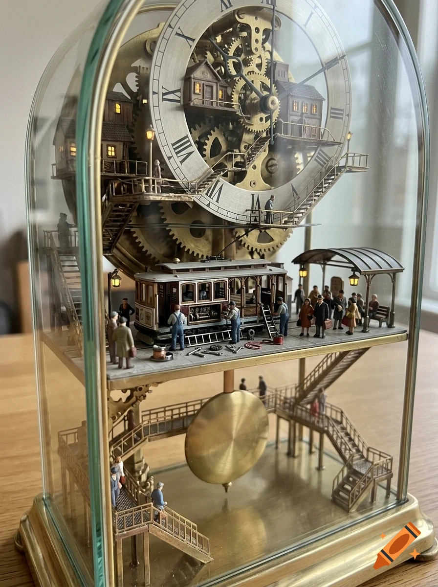 An intricate glass dome clock housing a detailed miniature diorama with tiny figures, a streetcar, buildings integrated into the gear mechanism, and a swinging pendulum.