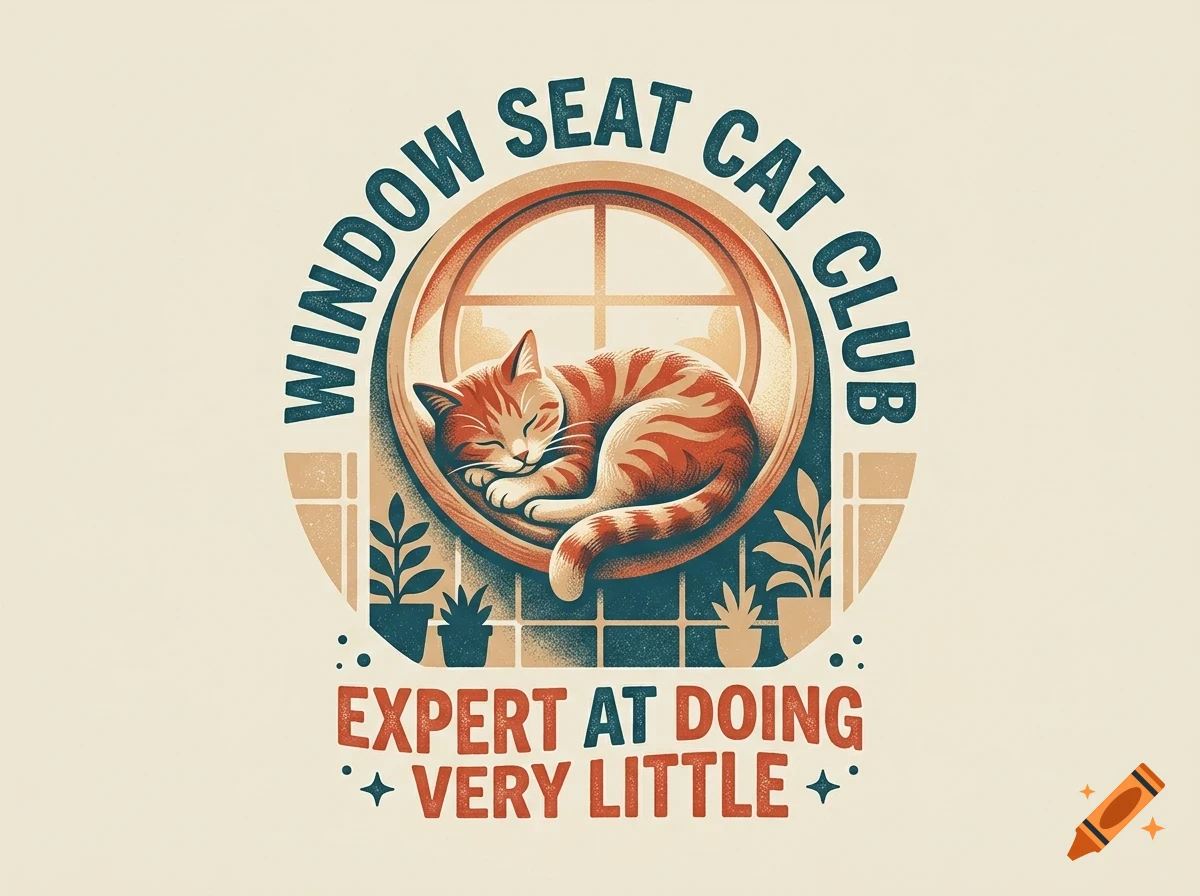 An illustration of an orange tabby cat sleeping in a round window with text that reads Window Seat Cat Club and Expert at doing very little.