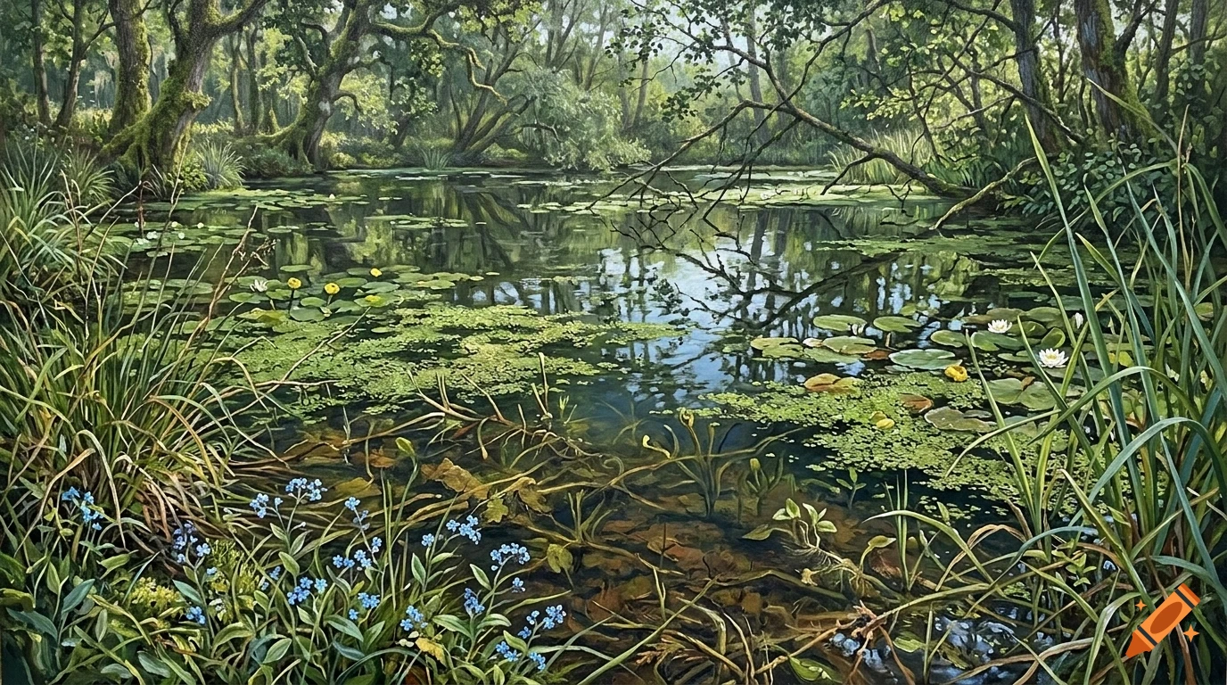 A serene, lush forest pond surrounded by green trees, lily pads, and tall grass.