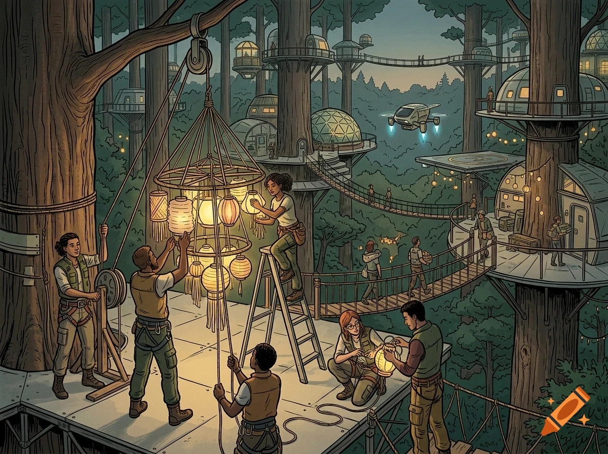 An illustrated scene of people working together in a lush forest to hang and arrange glowing lanterns among large treehouse structures and rope bridges.