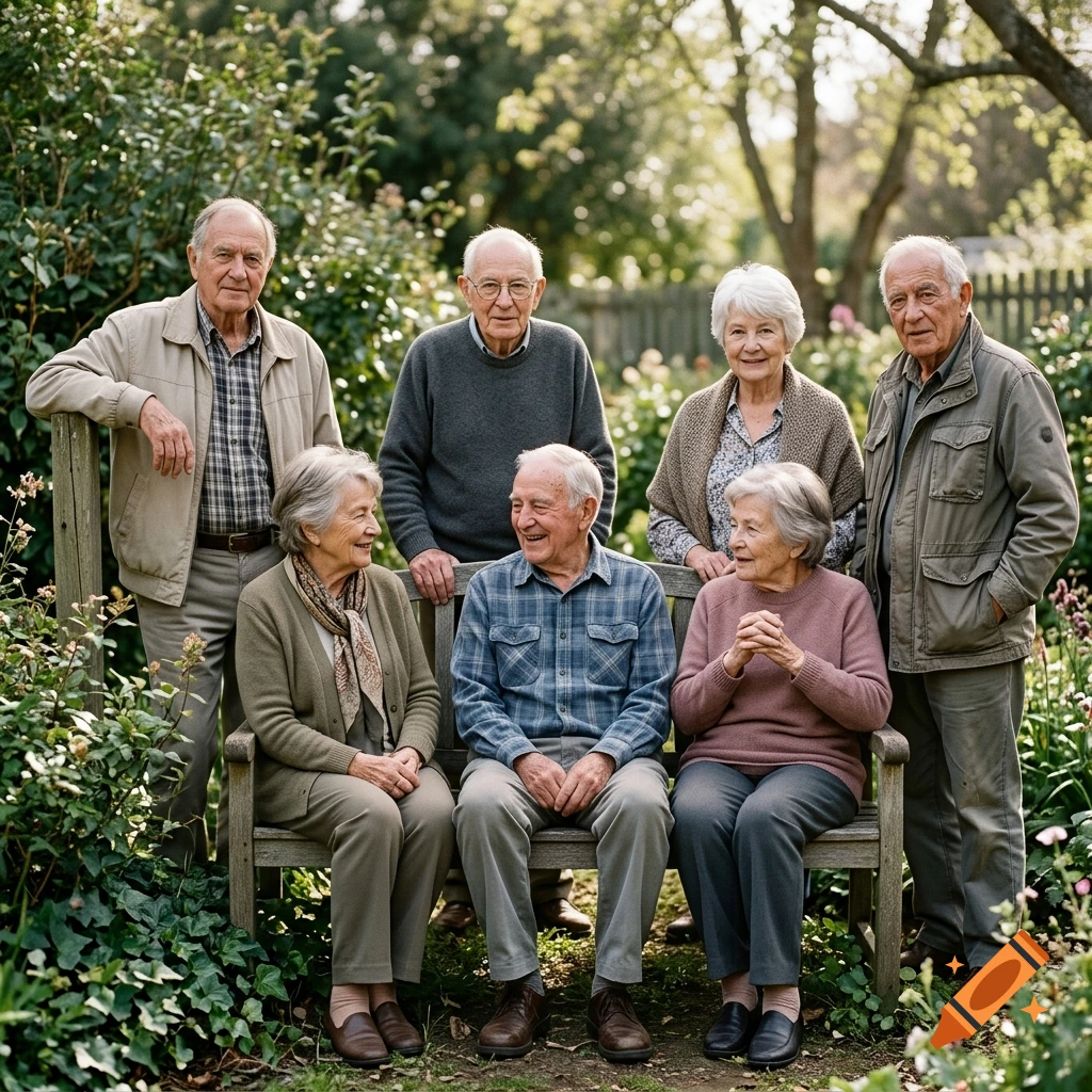 Photorealistic group portrait of seven elderly men and women sitting and standing together in a lush garden.