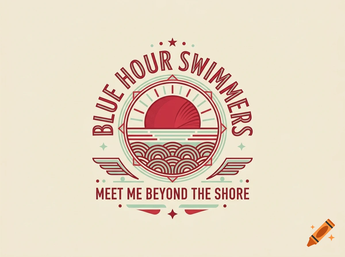 A retro graphic badge featuring a red sun setting over stylized waves, framed by circular lines and text reading BLUE HOUR SWIMMERS and MEET ME BEYOND THE SHORE.
