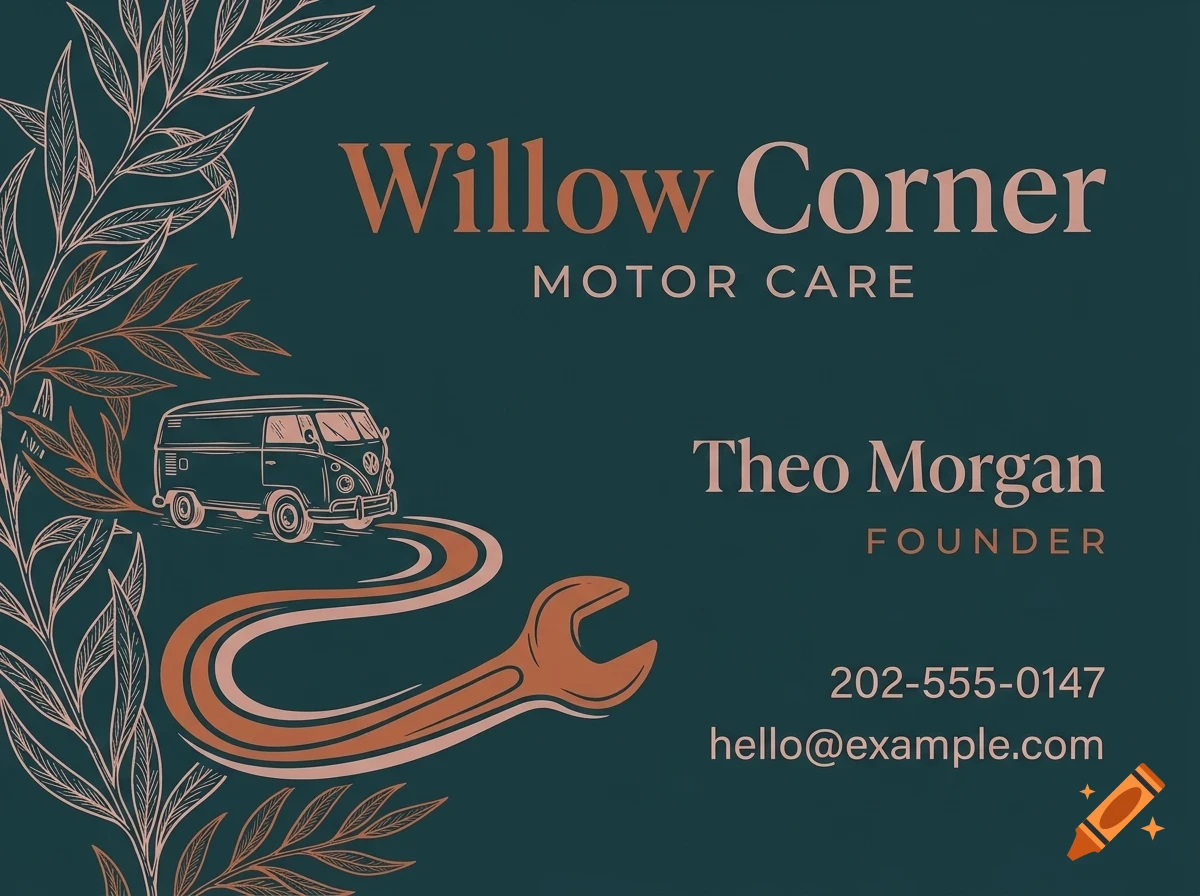 A business card design with dark teal background featuring a vintage van, a wrench road, willow branches, and text reading Willow Corner Motor Care.