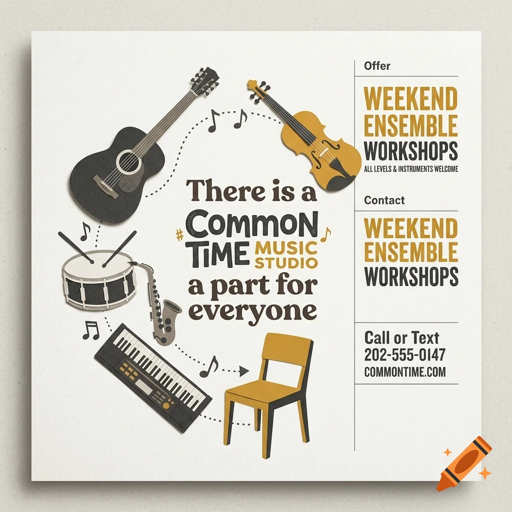 Flyer for Common Time Music Studio with musical instruments, chair, and text offerings.