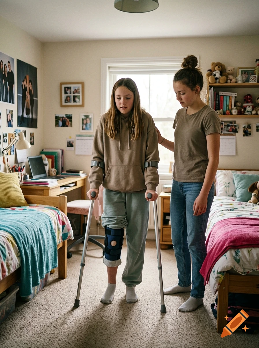 Photorealistic image of a teenage girl standing on forearm crutches in her bedroom with her sister supporting her.