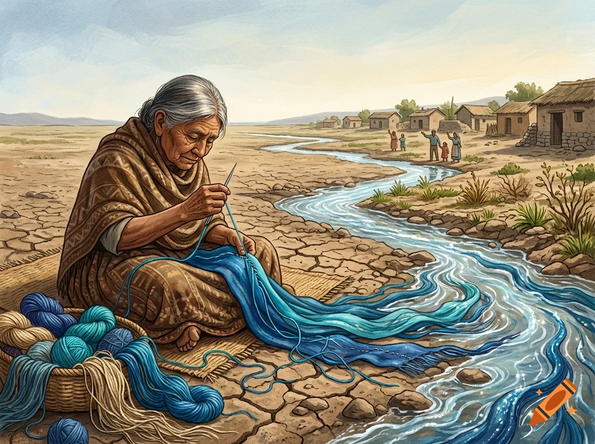 An elderly woman sits by a dry, cracked landscape and a winding blue river, knitting a long blue textile that flows into the water.