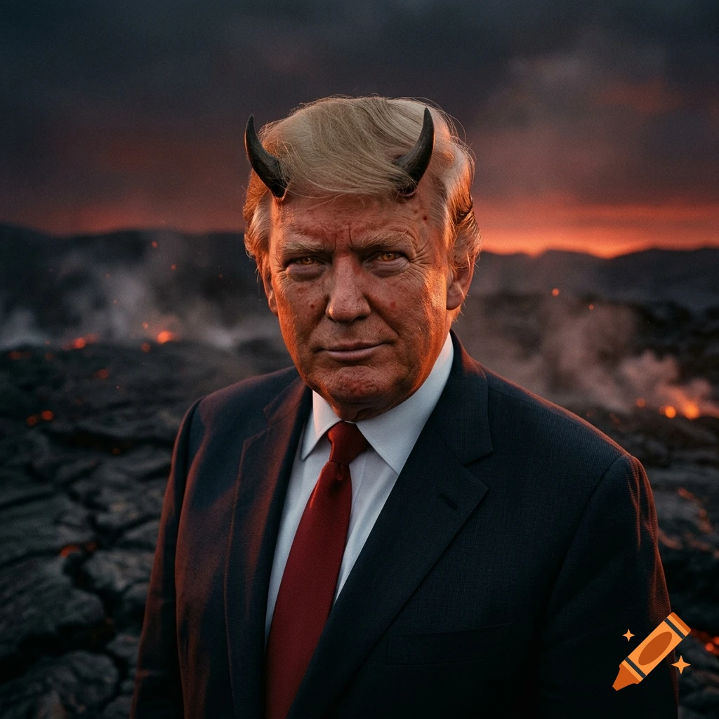 Photorealistic portrait of Donald Trump with small horns on his head, standing in a volcanic landscape with glowing lava.