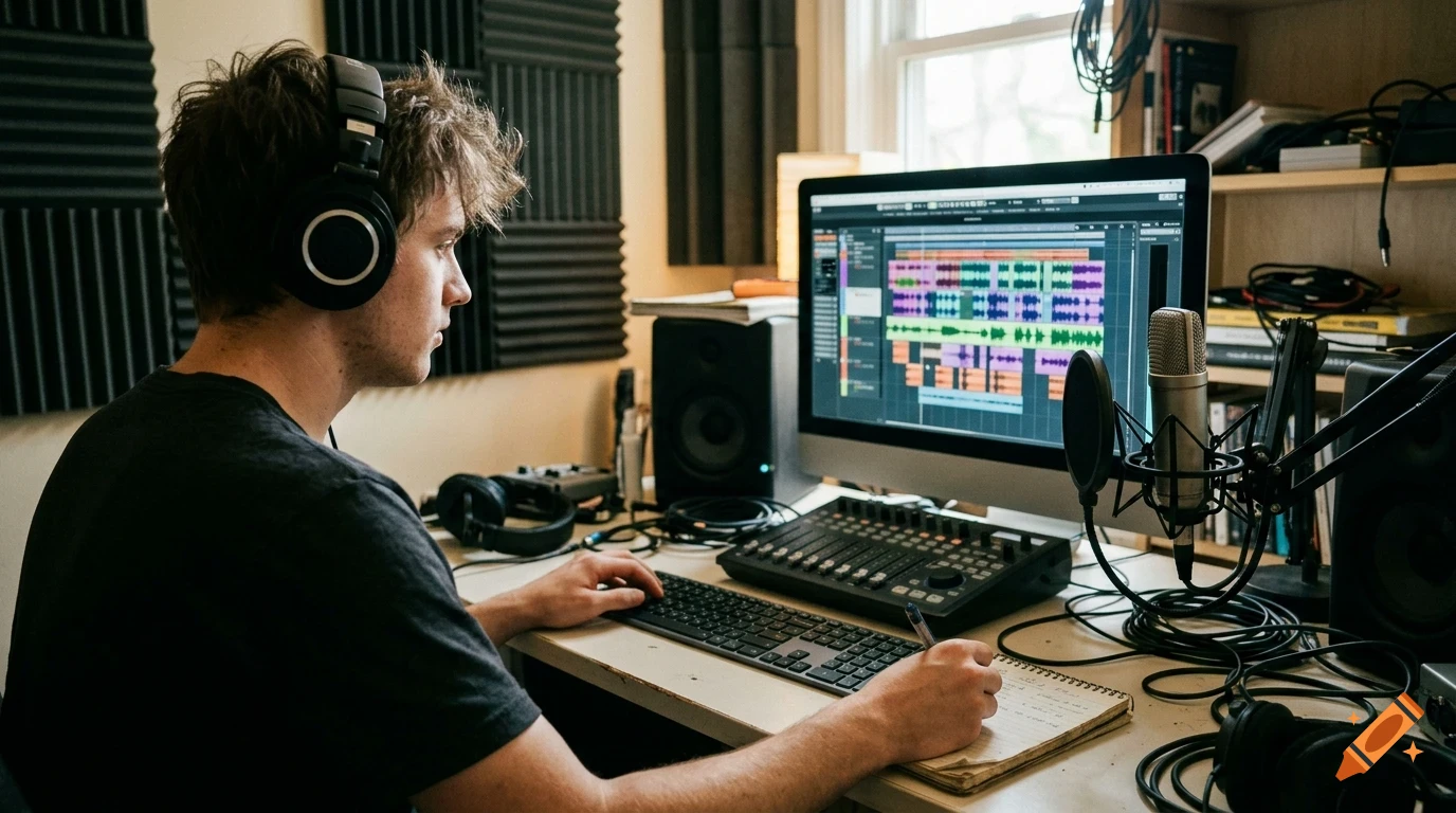 A young man wearing headphones works at a computer desk in a recording studio, editing audio software and writing in a notebook.
