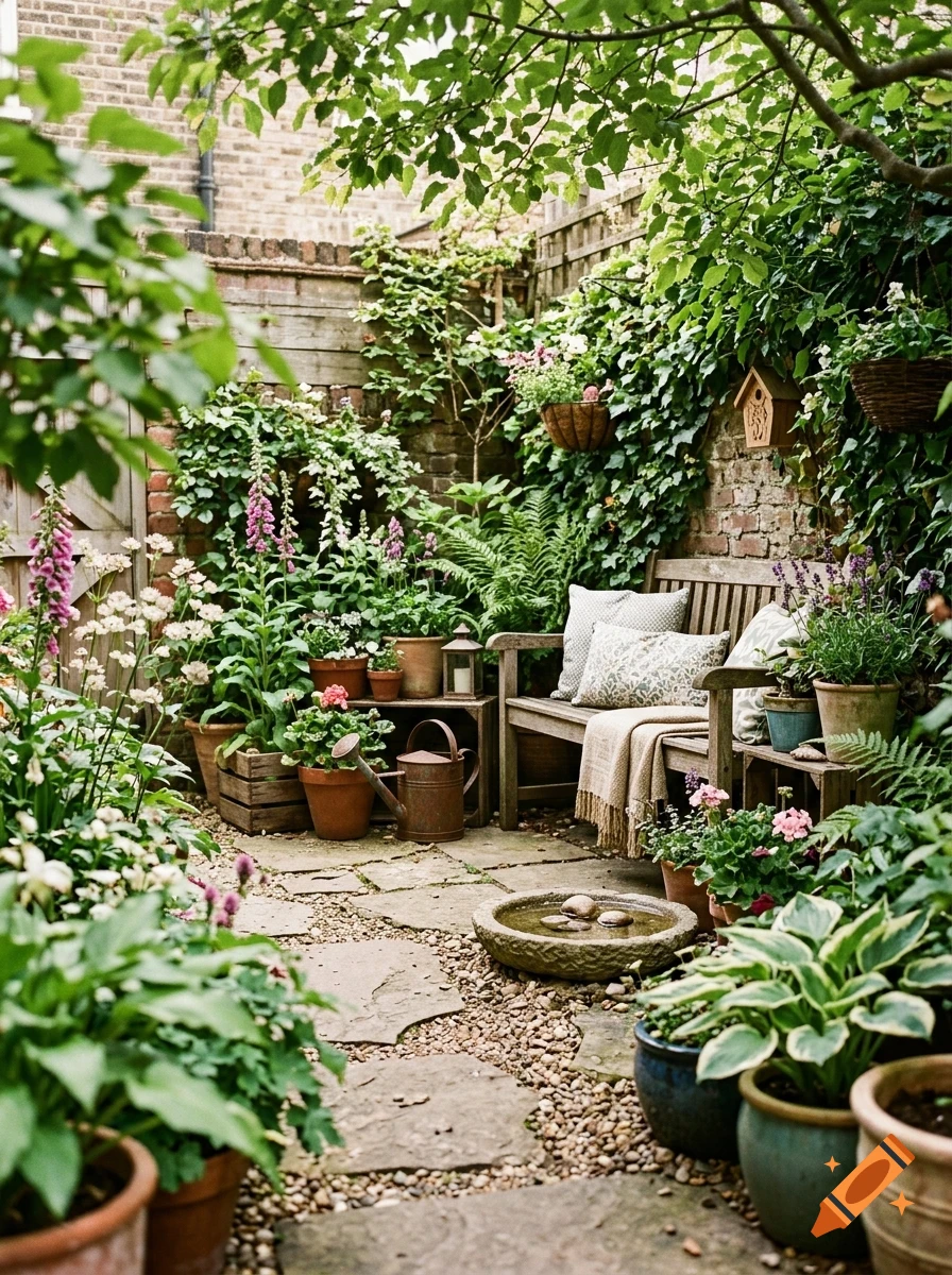 A lush backyard garden featuring a wooden bench, potted plants, flowers, climbing vines on brick walls, and a stone birdbath.