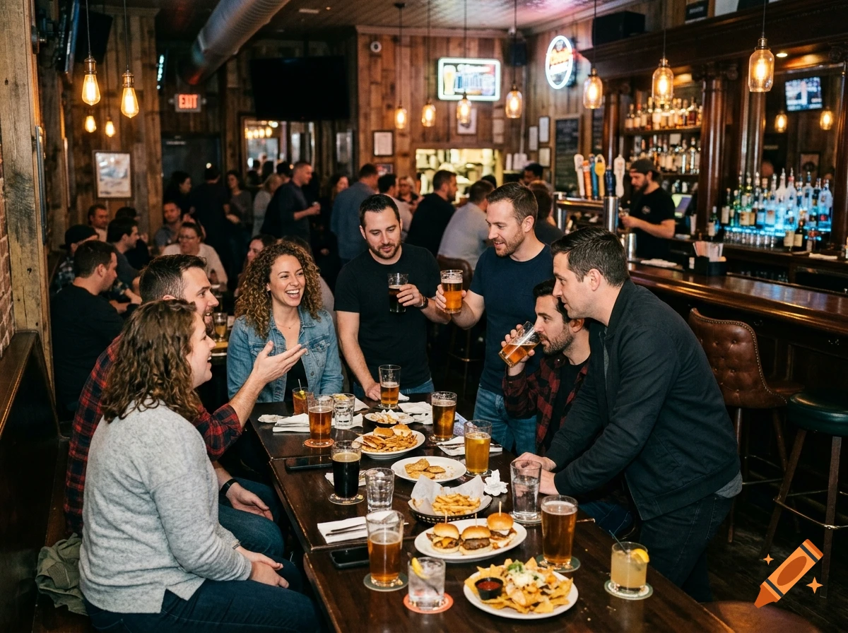 A group of friends socializing, drinking beer, and eating food at a wooden pub table.
