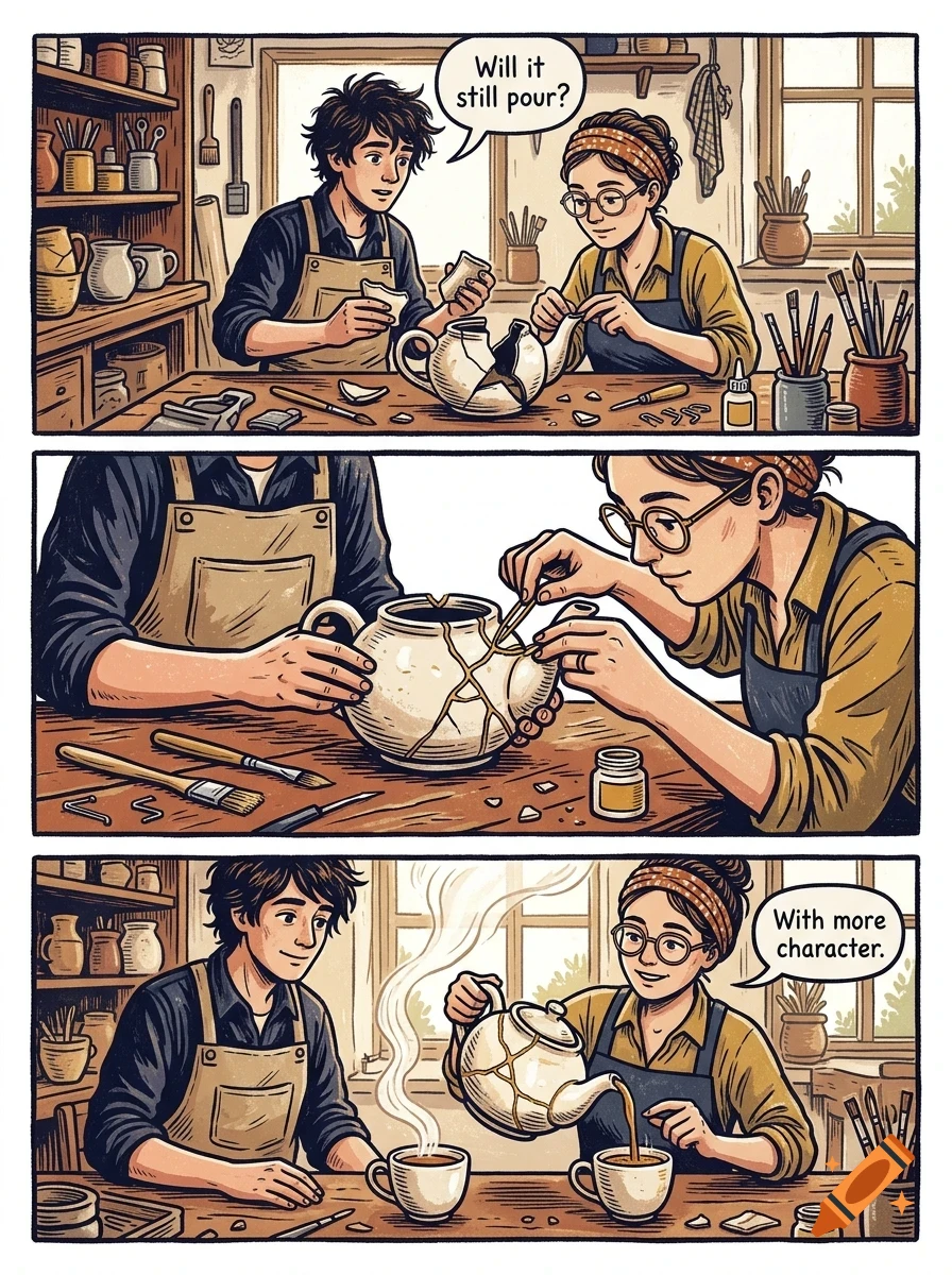 A three-panel comic strip showing a man and woman in a pottery workshop repairing a broken teapot using kintsugi and later pouring tea from it.