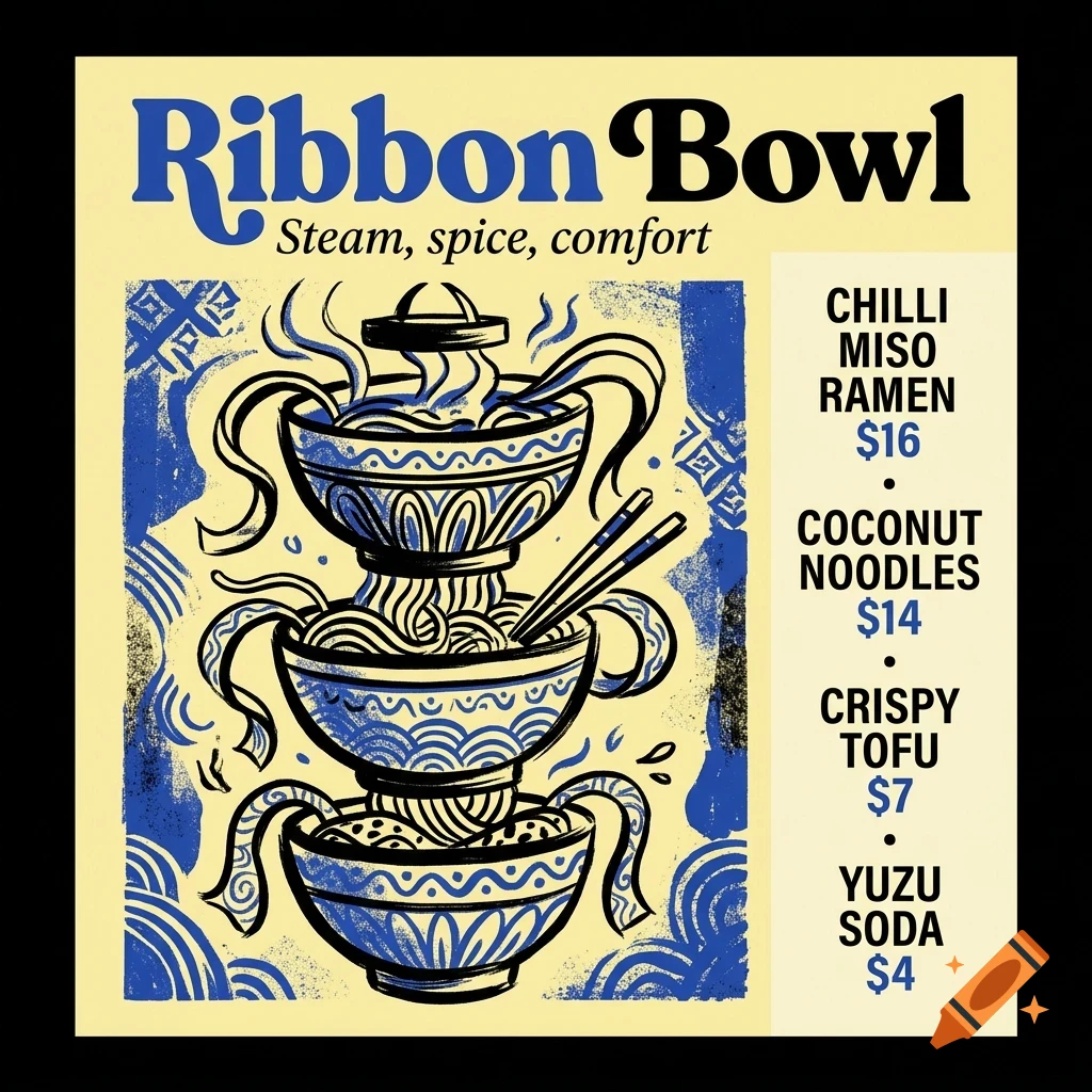A menu poster for Ribbon Bowl featuring a stack of three noodle bowls, with blue and black ink-style illustrations and price listings for ramen, noodles, tofu, and soda.