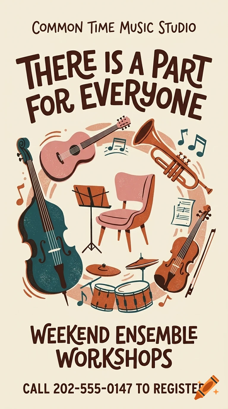 An illustrated poster for Common Time Music Studio showing various musical instruments, a chair, and music notes surrounded by text.