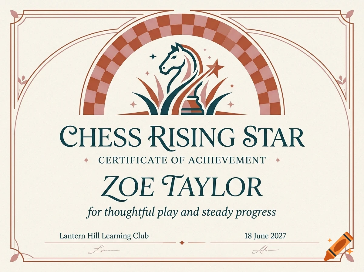 Certificate of achievement for Chess Rising Star awarded to Zoe Taylor, featuring a chess knight illustration and decorative arch.