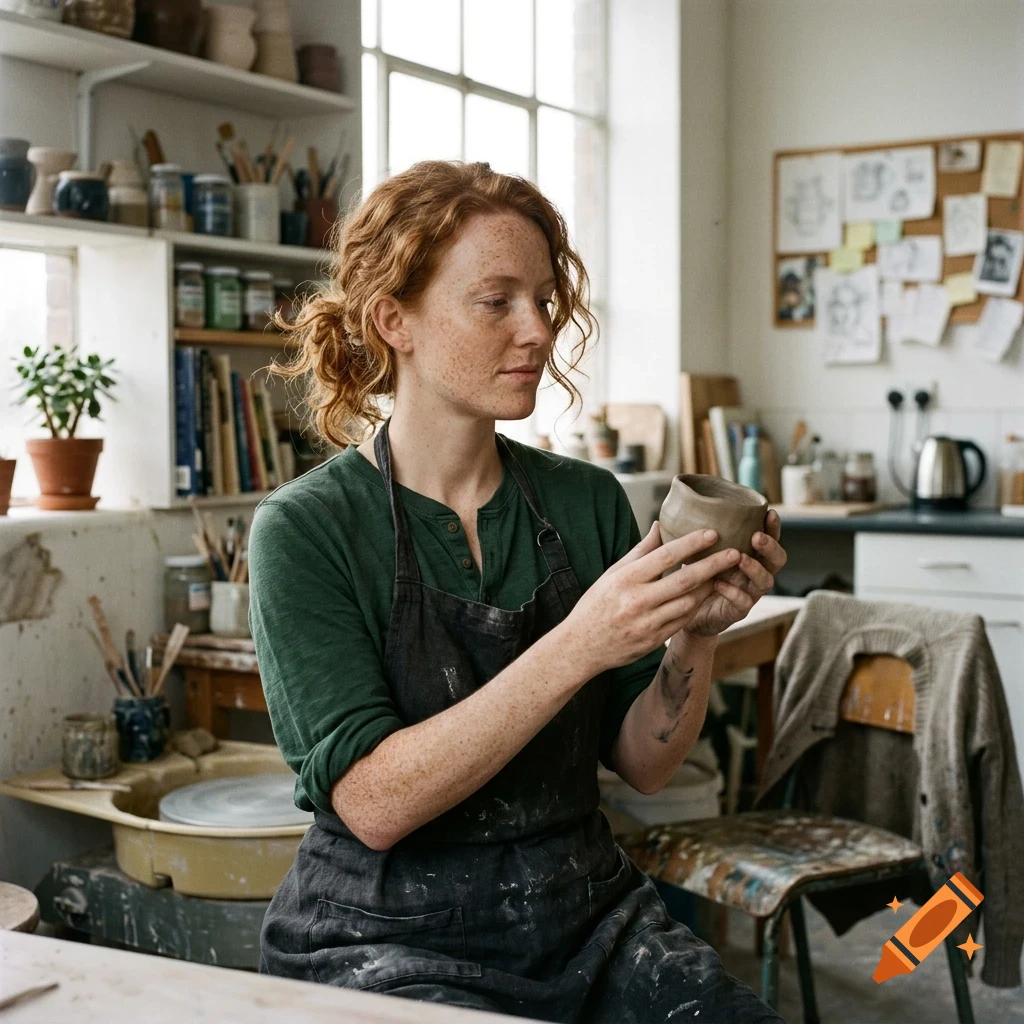 A red-haired woman wearing an apron holds a small clay pot in a pottery studio.