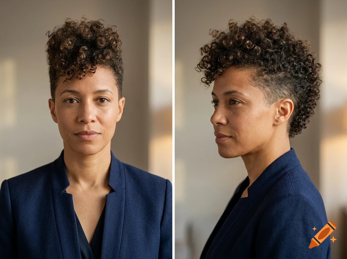 Front and profile portraits of a person with short curly hair and a blue blazer.