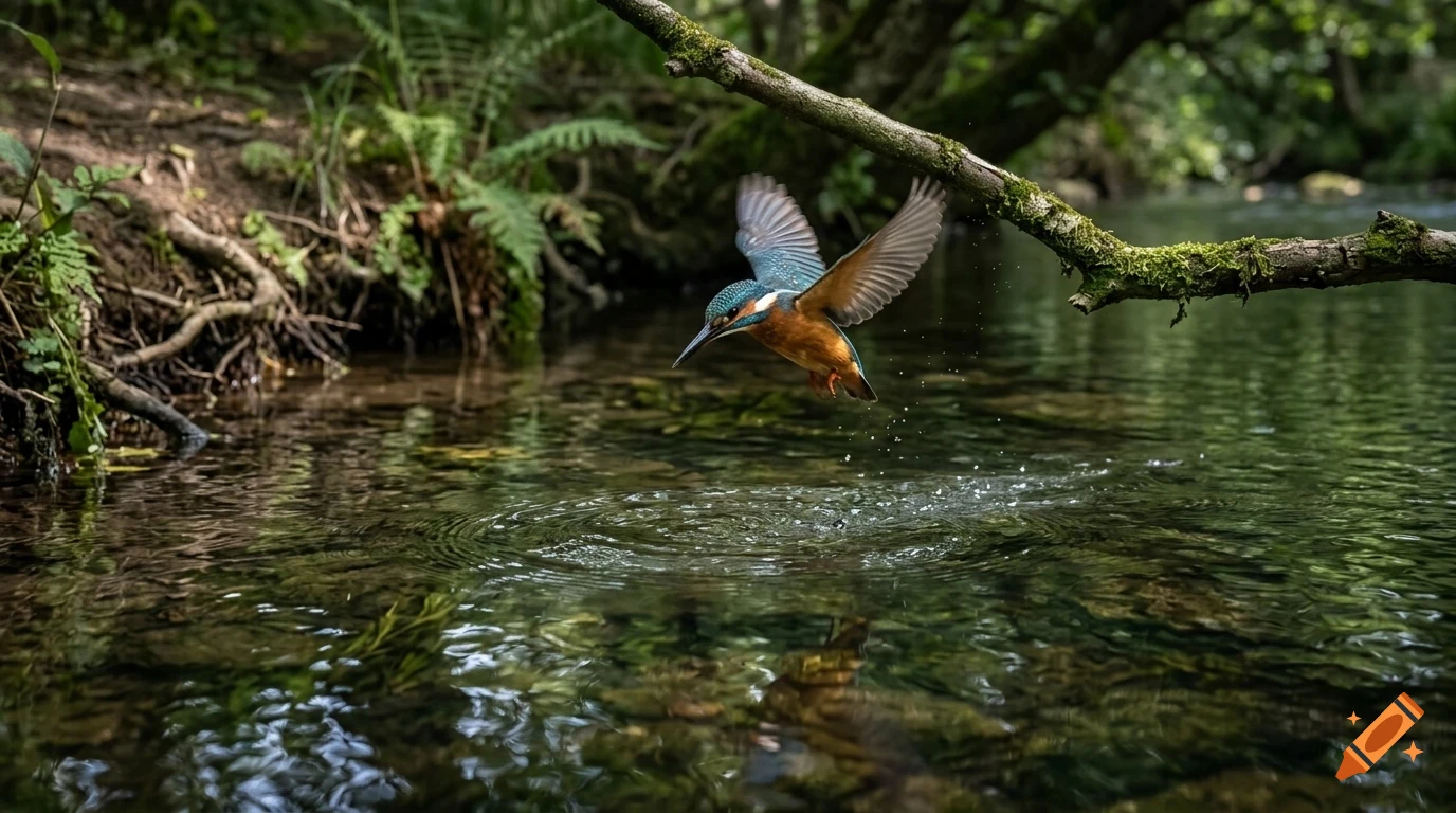 A kingfisher bird flying over a stream in a forest.