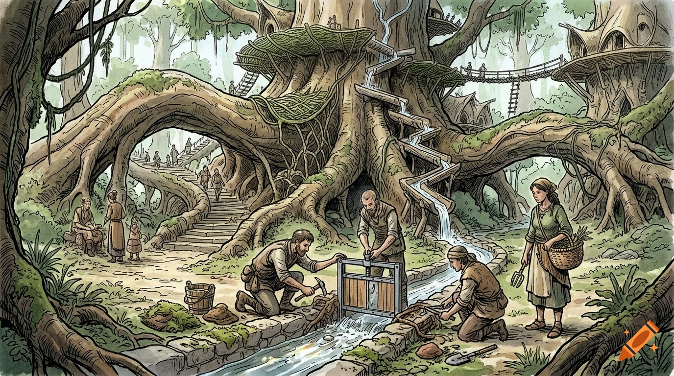 An illustrated village built into a massive ancient tree with people working around a water stream and pathways.
